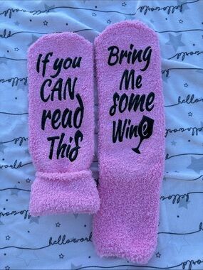 Pink Fuzzy Slipper Socks with Wine Message